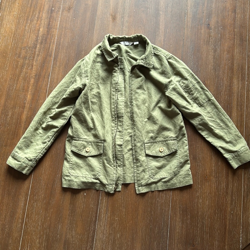 Size 7-8 Janie and Jack Rachel Zoe olive green linen cotton blend light jacket